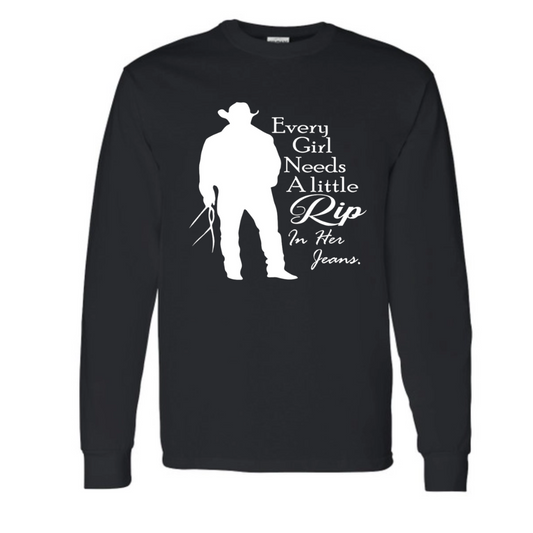 Basic Adult Long Sleeve Shirts - Yellowstone Rip in Jeans