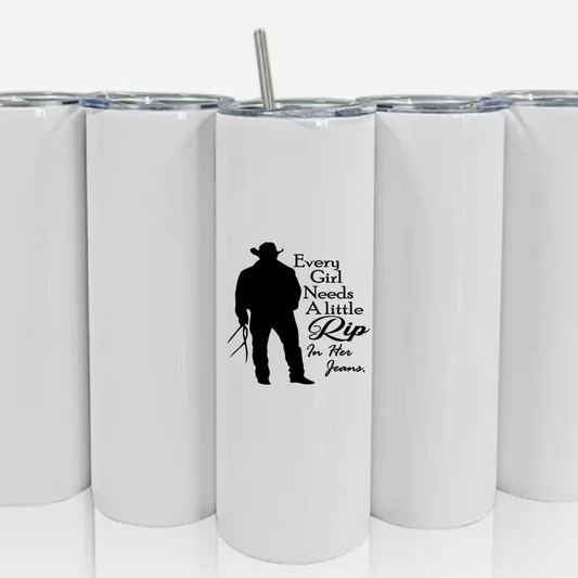 Double Walled Tall/Skinny Cup with Straw - Yellowstone Rip in Jeans